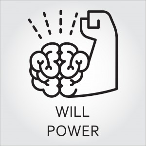 Black flat line vector icon with a picture of willpower as brain and muscle hand on white background.